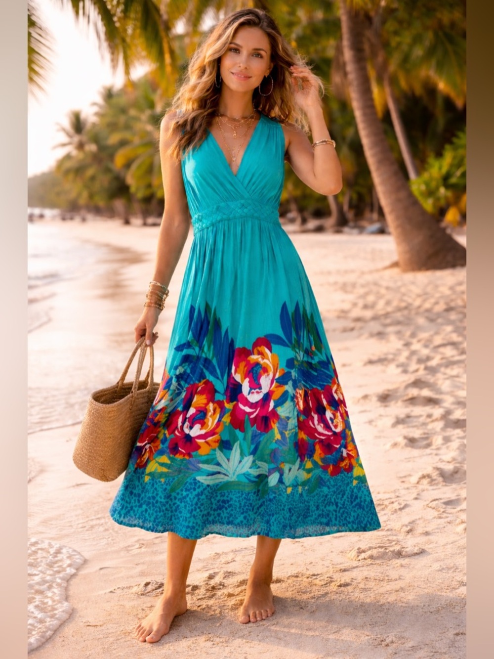 Apt 9. Jersey Teal Floral Weave Waist Stretchy Maxi Dress Women size XL Beach